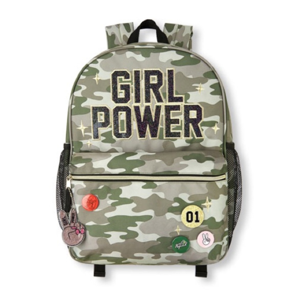 Glitter 'Girl Power' Patch And Pin Camo Backpack